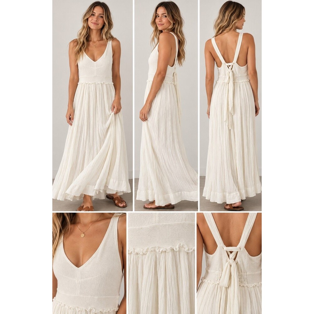 Free People White Sun Maxi Dress Sz Small Knot Back Cotton Blend Beach Nautical